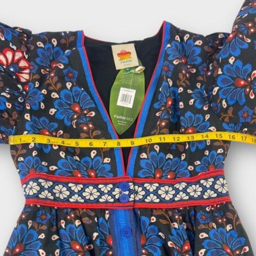 FARM RIO Latina Scarf Mini Dress Sz Medium Blue Mosaic Floral Cotton Long Sleeve - Picture 15 of 16
